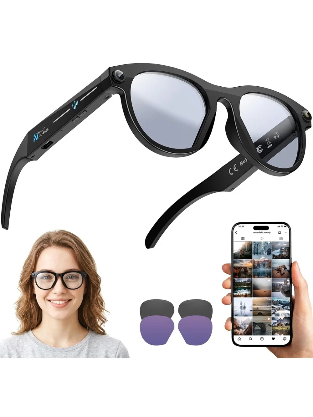 AI smart glasses with camera 8MP HD video photo capture real time translation